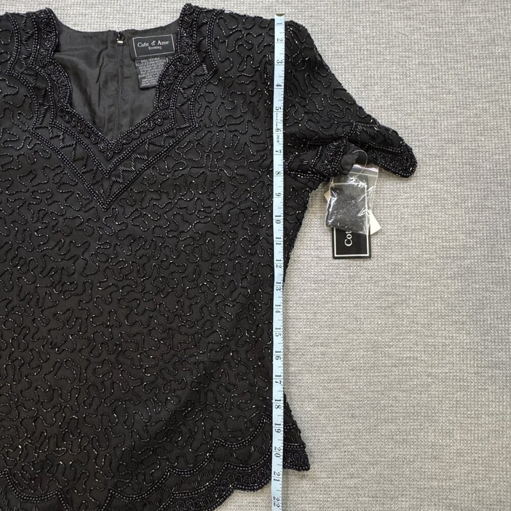 Cote D Azur Evening Womens M Black Beaded Silk Blouse Short Sleeve Back Zip NWT - Picture 14 of 16
